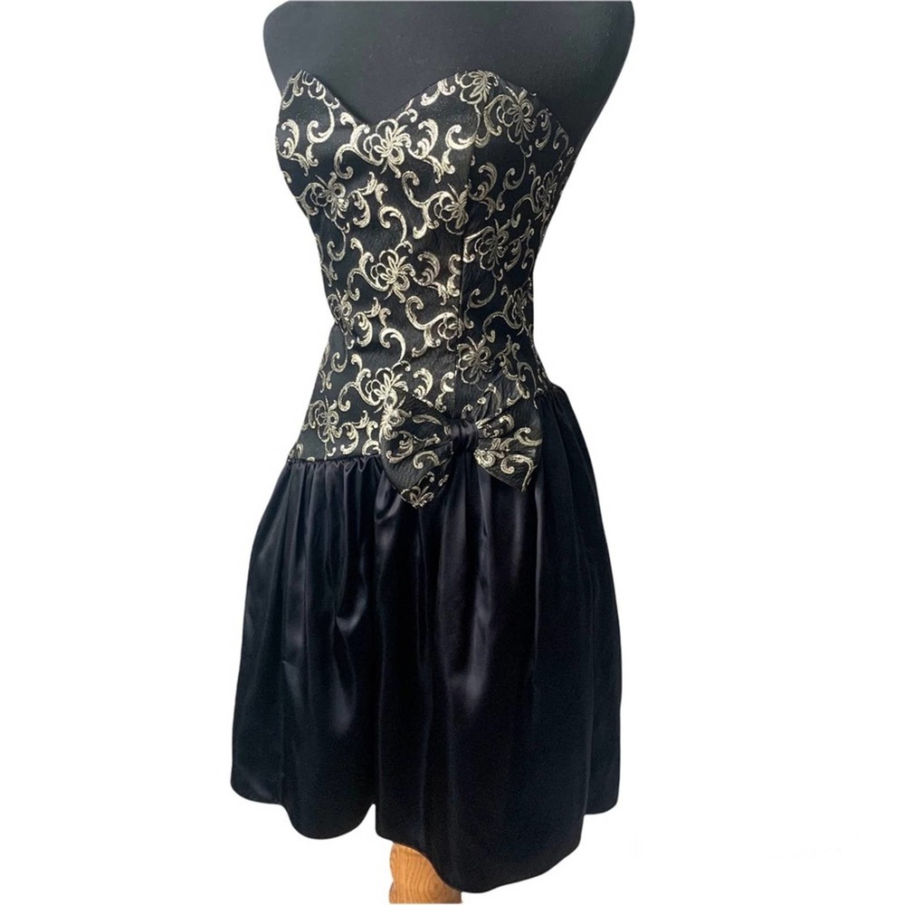 Gunne Sax Black Satin & Gold Jacquard Strapless Cocktail Dress with Bow